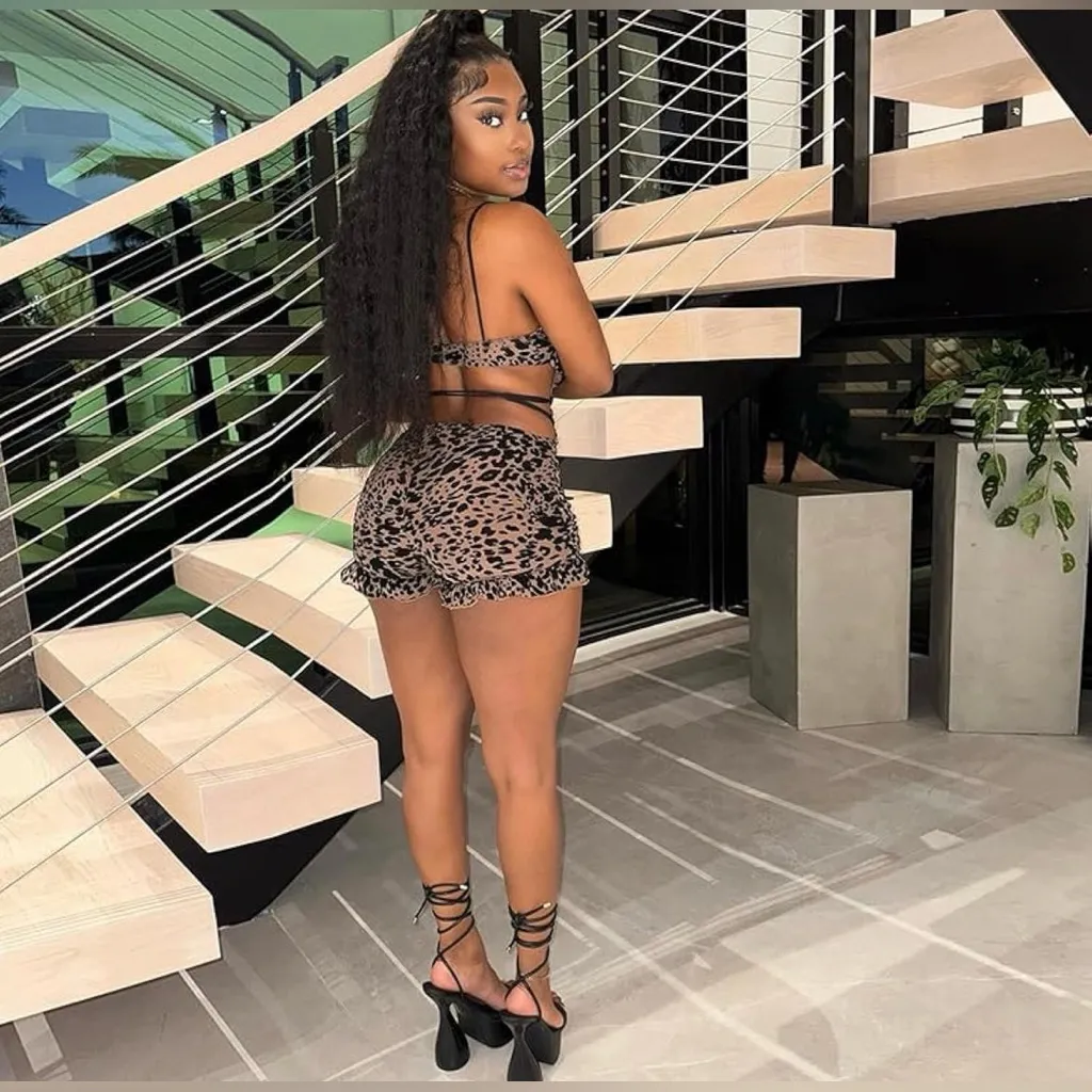 NEW Cheetah Romper Mesh Sleeveless Bodycon Shorts Romper Hollow Out Y2K L Black Size L - Image 2