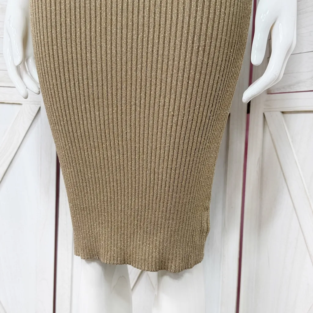 Michael Michael Kors Metallic Ribbed V Neck Sweater Sheath Dress Gold XXS - Image 7