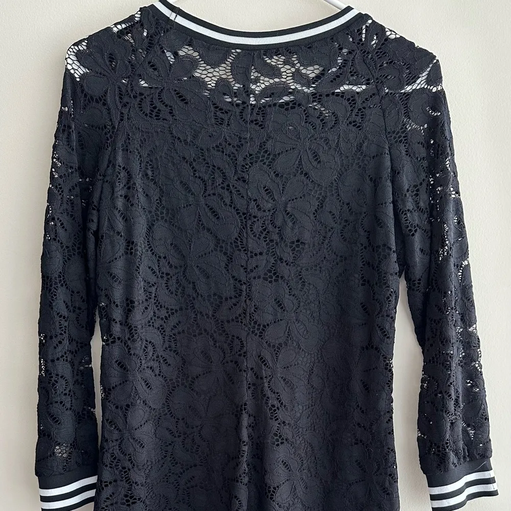 Black Floral Pattern Lace Mini Dress, Long Sleeve Dress, Size Small - Image 10