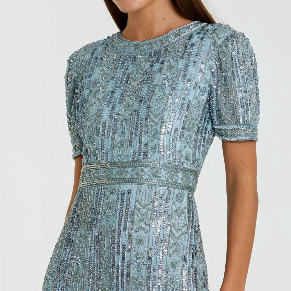 Mac Duggal 5980 Blue High Neck Short Sleeve Crystal Fringe Column Dress - Image 4