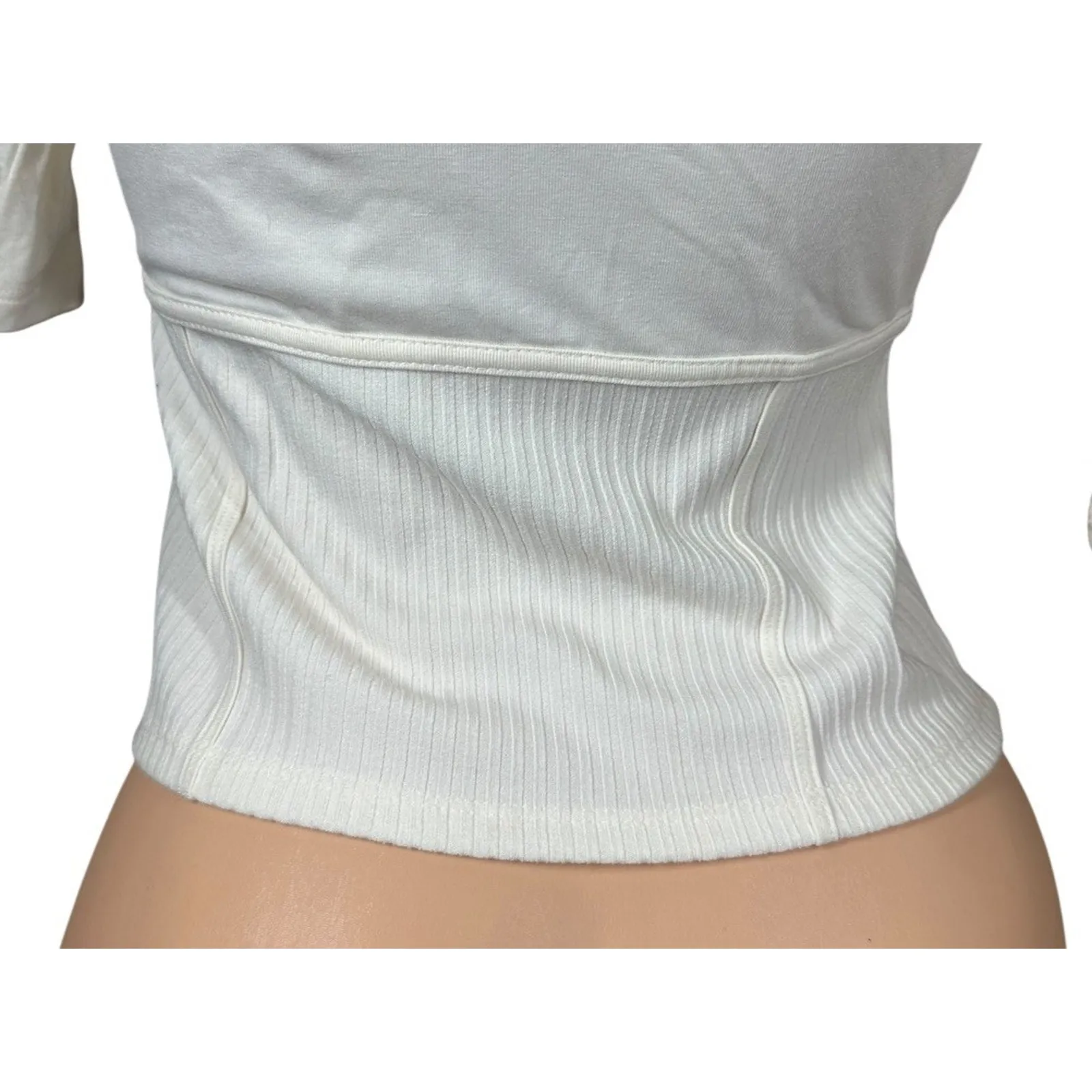 Guess Sz Small Half Sleeve High Neck Crop Top Womens Knit Ivory Ribbed Panels - Image 6
