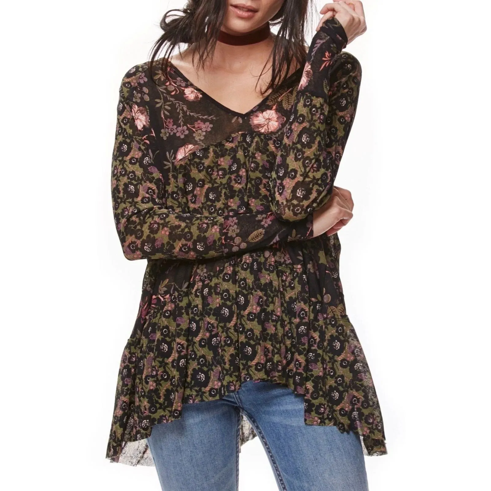 Free People Isabella Mixed Floral Tunic M Boho Oversized Patchwork Top - Image 3