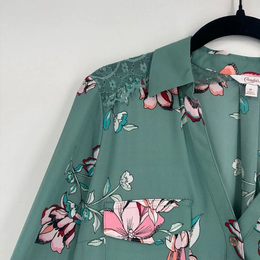 NWT Candie’s‎ Button Down Career Blouses Medium Floral Blue Lace Split Back - Image 4