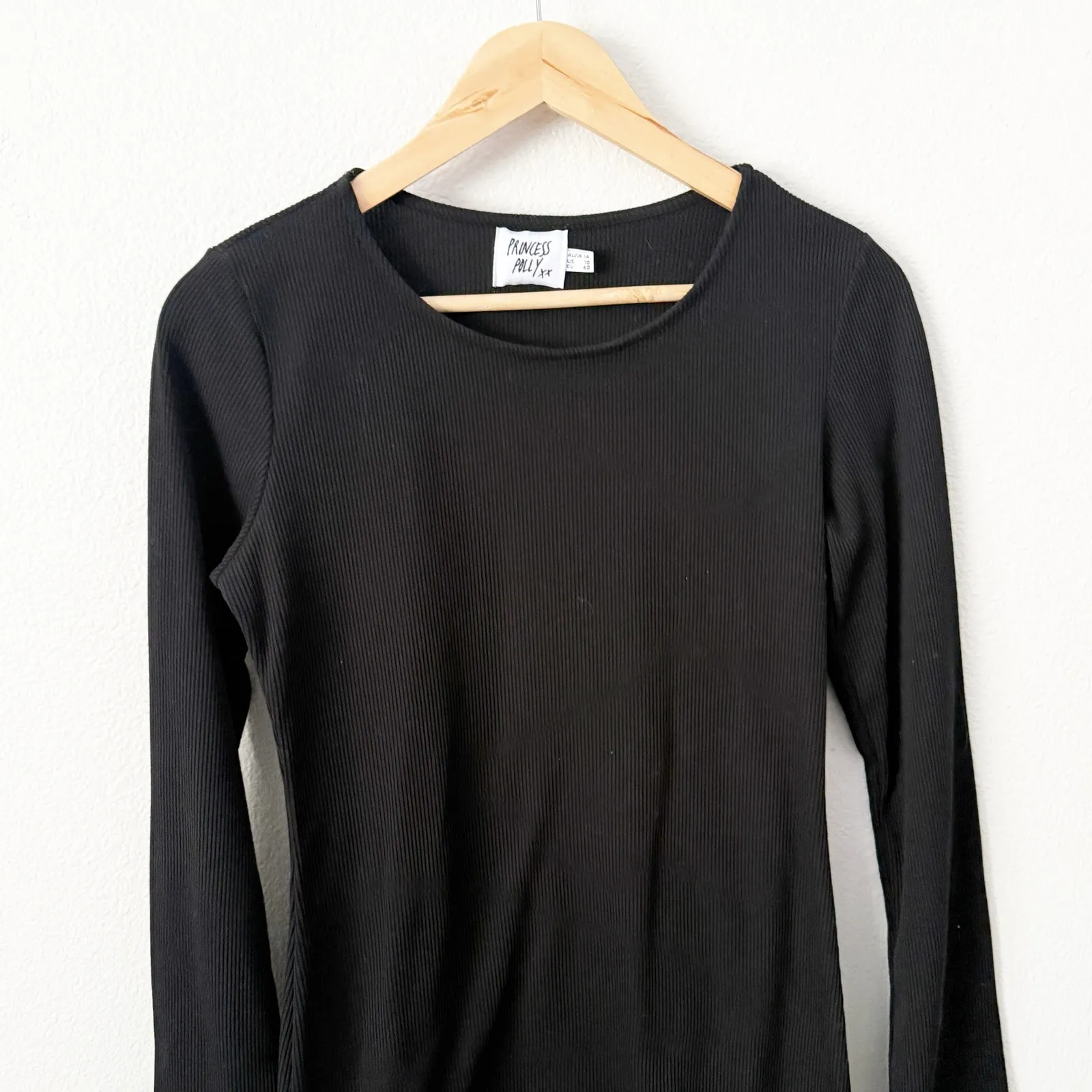 PRINCESS POLLY | Black Ribbed Long Sleeve Bodycon Dress Short Mini | Size 10 - Image 3