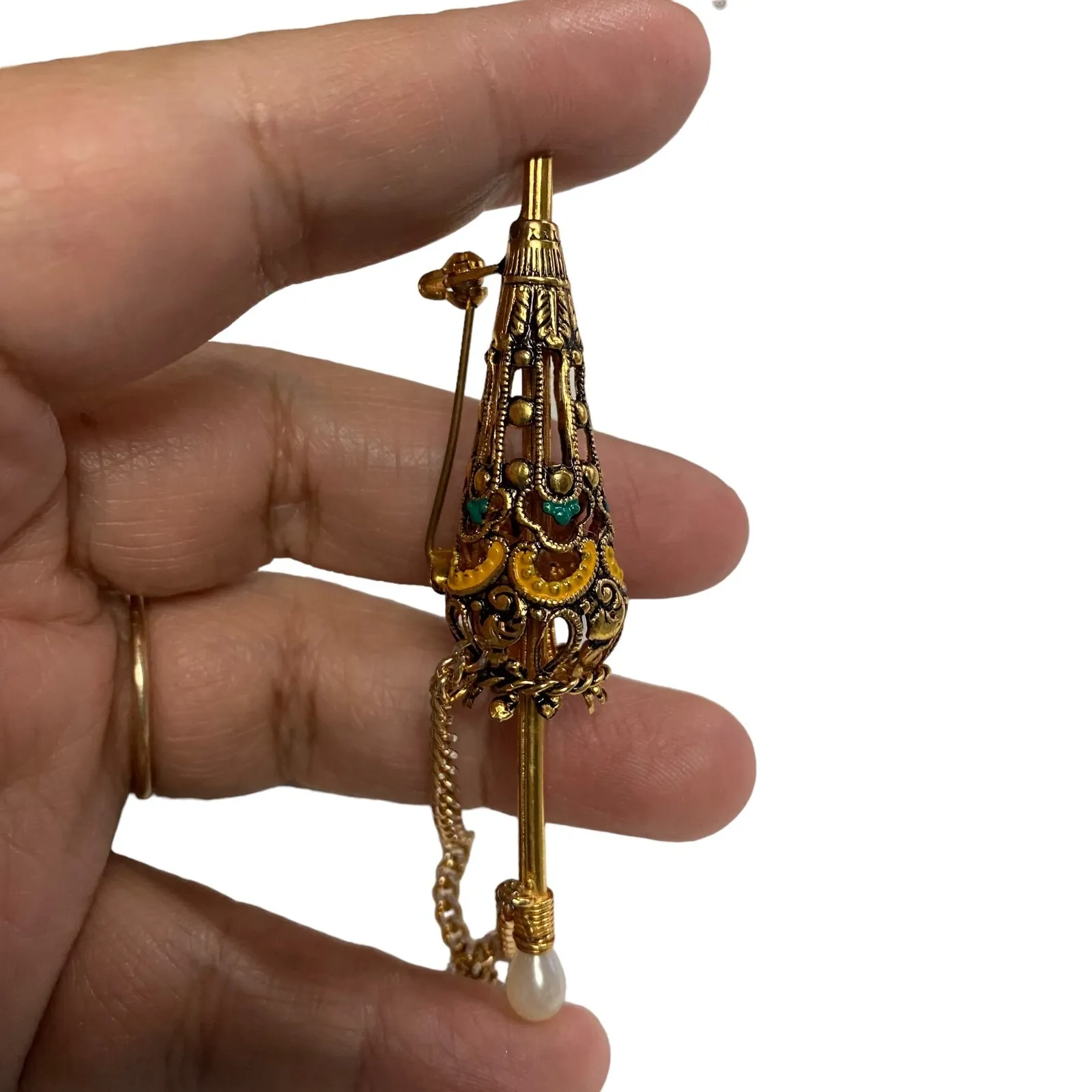 Vintage Umbrella Enamel Parasol Pin Brooch Gold Toned Damascene Pearl Handle - Image 3