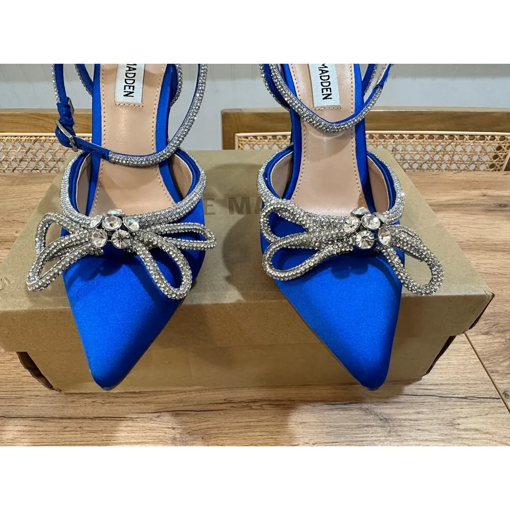 Steve Madden Viable Heels Cobalt Blue Rhinestones Bow Design Size 6.5 NIB Dressy - Image 5