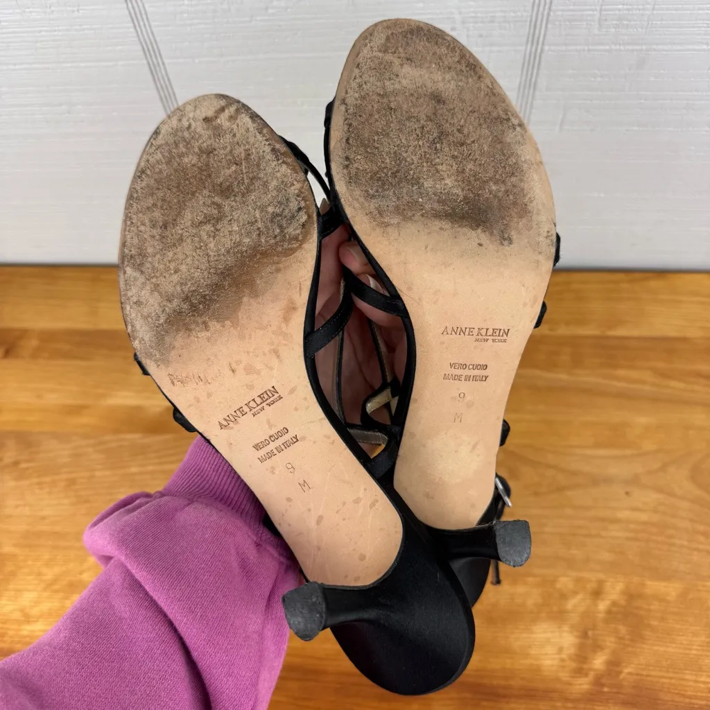 Anne Klein Vintage Black Satin Strappy Stiletto Heels Slingback Bow Accent Y2K 9 - Image 5
