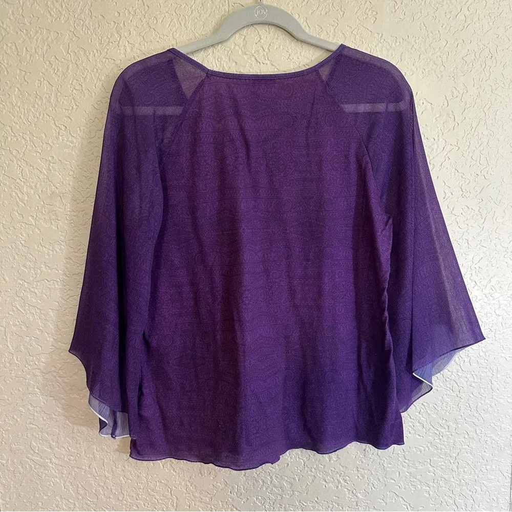 Chico's Purple Tunic Top Embroidered & Rhinestone Accents 3/4 Bell Sleeve Size 1 - Image 7