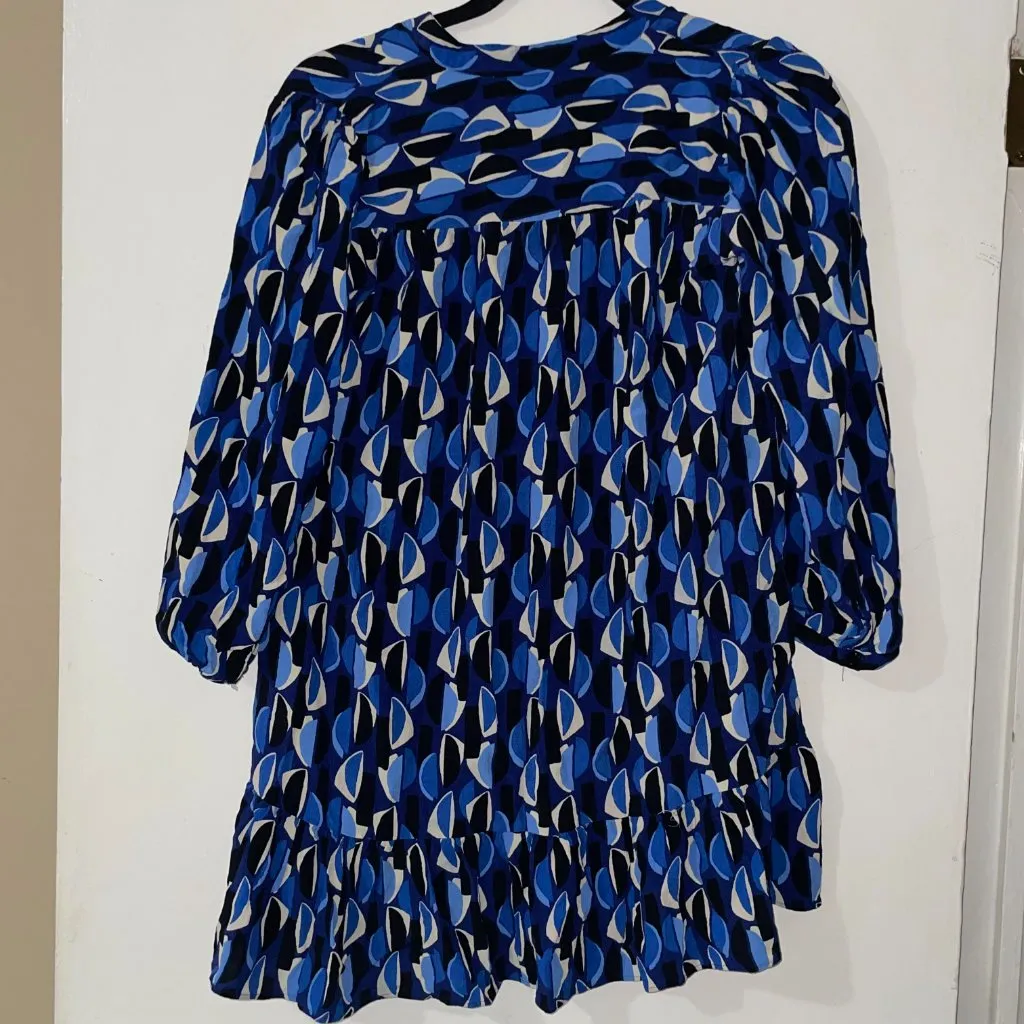 Zara Blue White Black Patterned 3/4‎ Sleeve Ruffled Hem Blouse Size M - Image 3