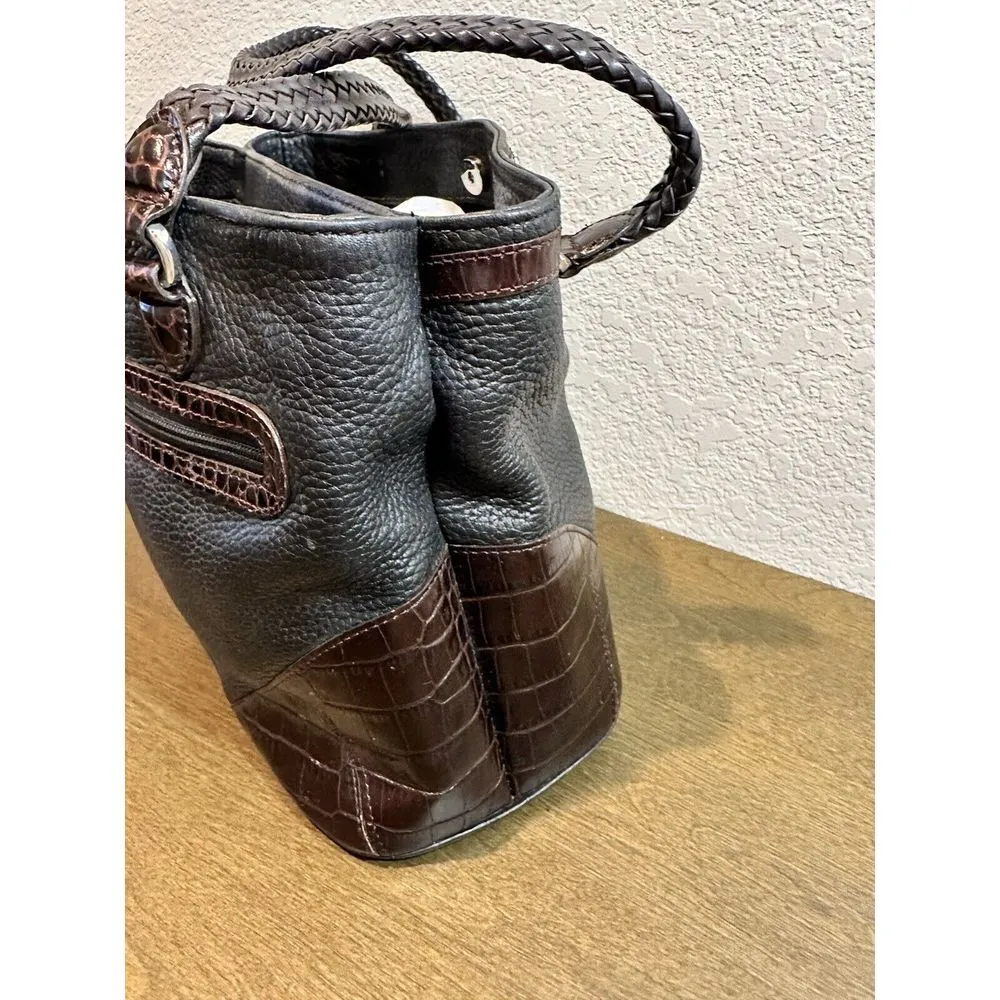 Brighton Leather Shoulder Purse  2 Compartments. Embossed Croc Skin. Blk/ Brown - Image 3