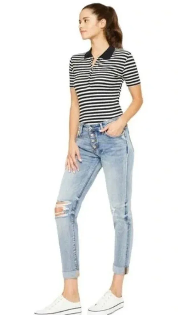 KanCan USA KanCan Clairie Mid Rise Distressed Button Fly Boyfriend Jean  - Image 2