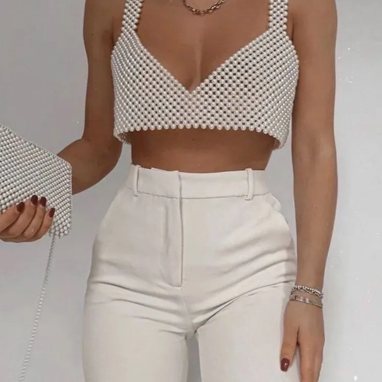 White Pearls Beaded Crop Top Women Pearl Beaded Bra Beaded Crop Top/Bra Heavy Size undefined - Image 2