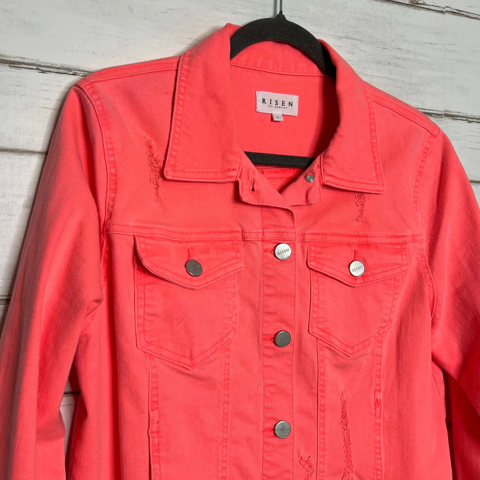 Risen Coral Stretch Denim Jean Jacket Size Large Pink - Image 9