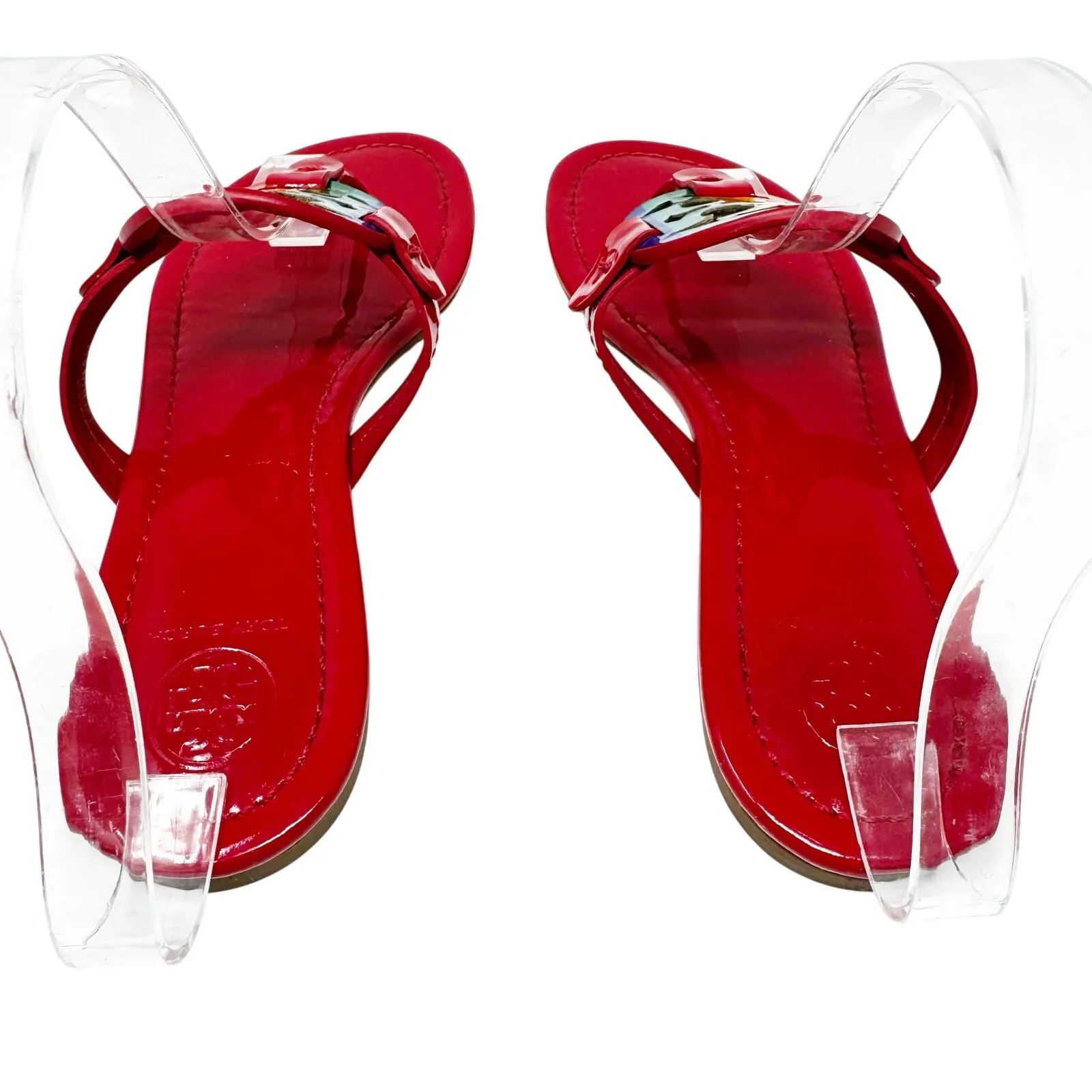 TORY BURCH Red Rainbow Patent Leather Miller Sandals Logo Medallion Size 7 - Image 3