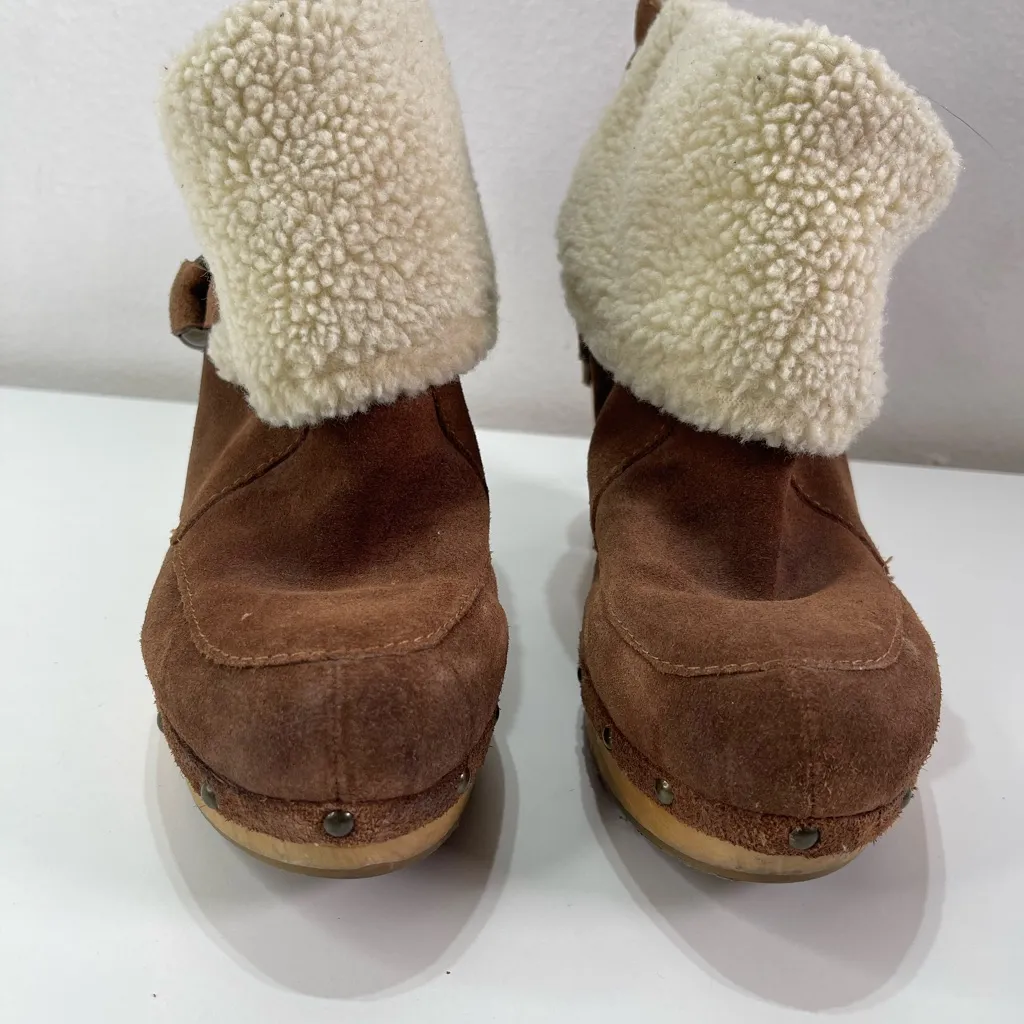 Nine West Vtg America Collection Ankle Boots Faux Fur Cuff Wooden Heel 10M Y2K Tan Size 10 - Image 2