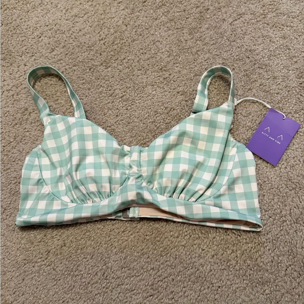 NWT Kitty and Vibe Green Gingham Soft Underwire Bikini Top White Size undefined - Image 2