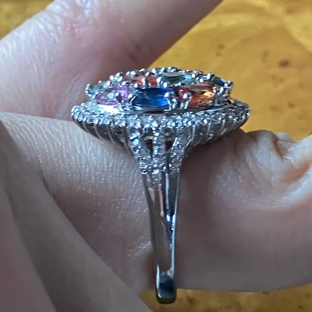 Natural Multi Color Sapphire Sterling Silver Cocktail Ring Size 7.25 - Image 3