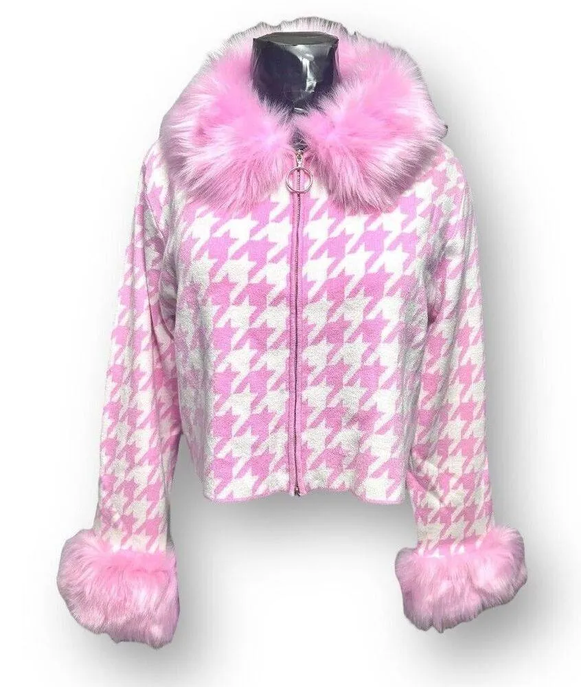 Show Me Your MuMu 3X Pink Houndstooth Faux Fur Zip Jacket Barbiecore Coquette - Image 2