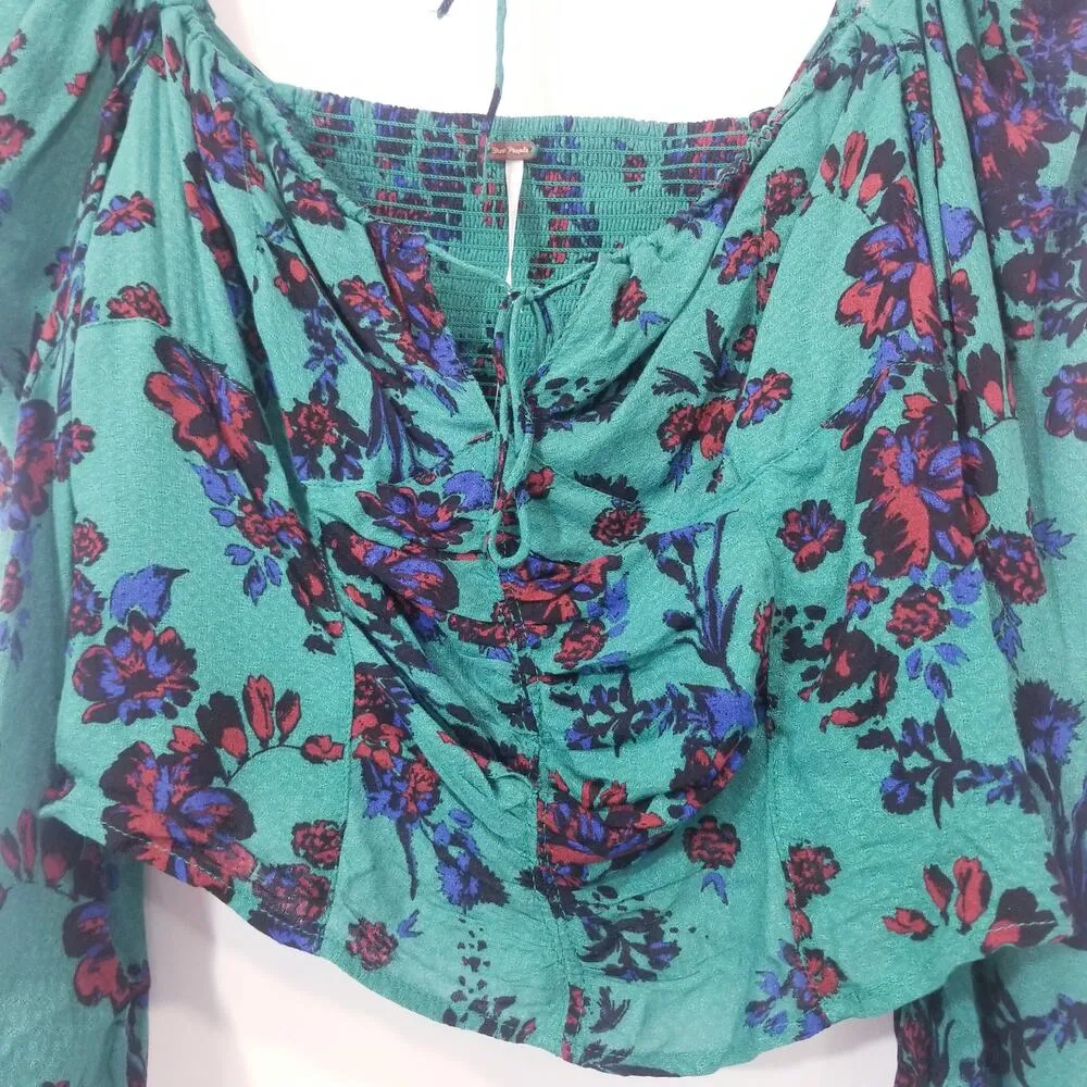 Free People Green Combo Floral Printed Hilary Crop Top Long Sleeves Blouse - Image 7