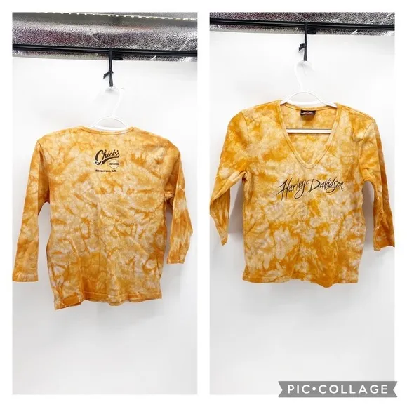 Harley Davidson tie dye orange cropped 3 quarter sleeve shirt Size L - Image 2