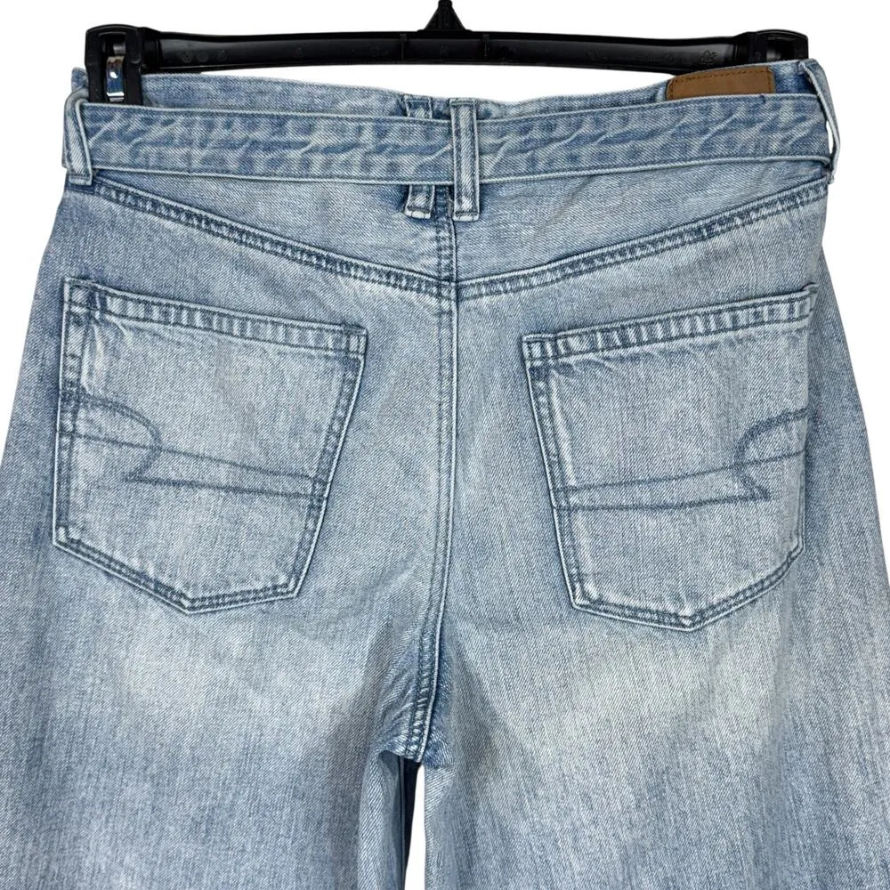 American Eagle SZ 8 Wide Leg Jeans Chewed Hems Belted Seamed Hi-Rise Light Wash - Image 5