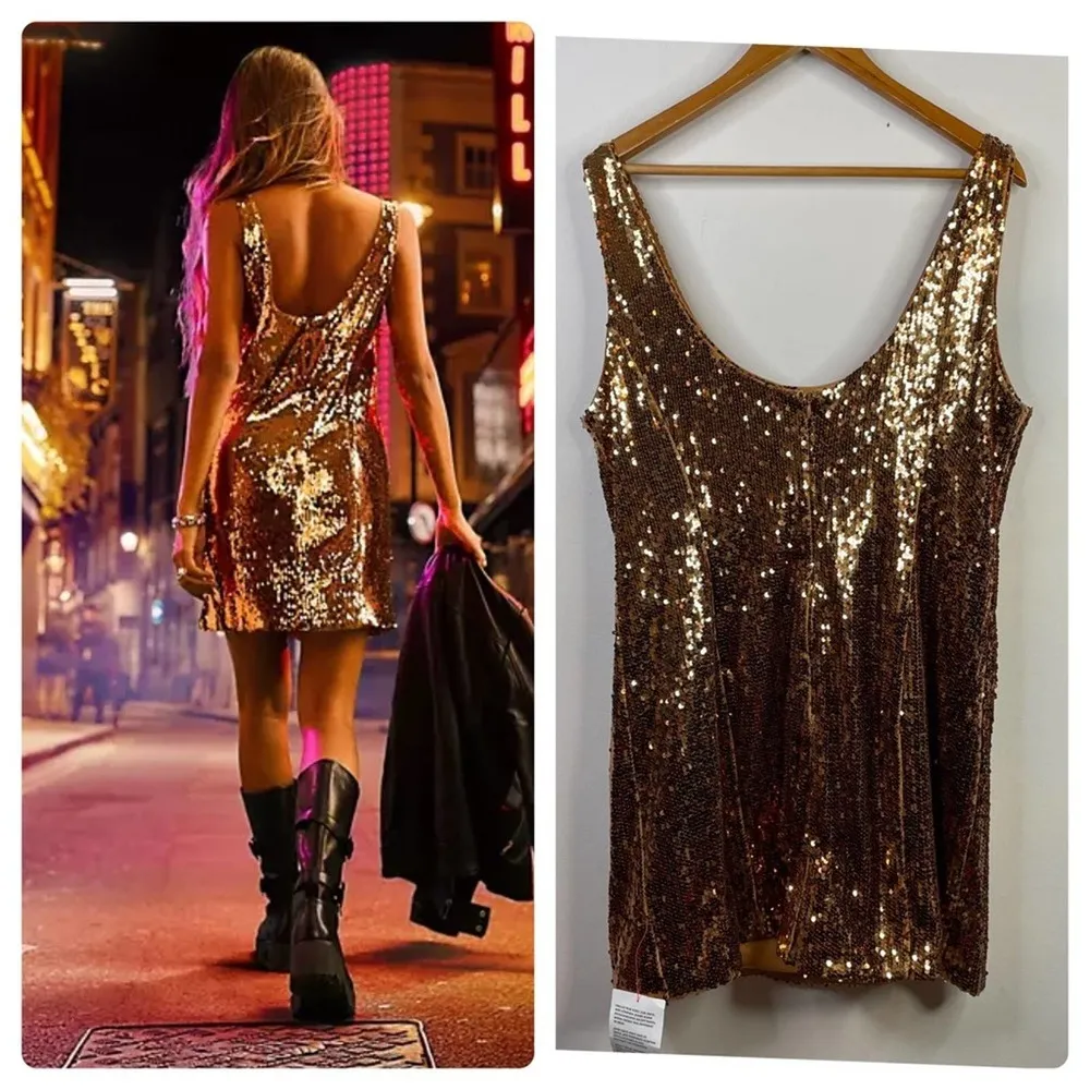 Bronze Copper Metallic Sequin Scoop Shimmer Sparkly Mini Dress women 14 new - Image 6