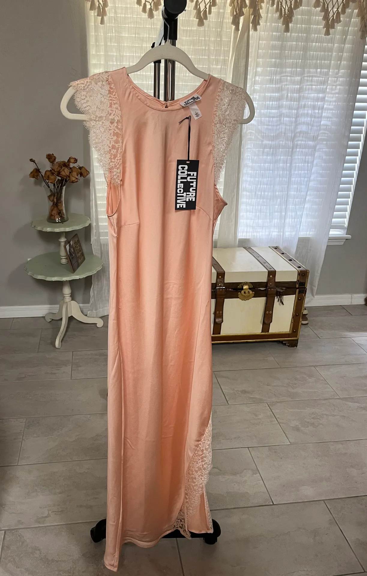 Peach Satin Maxi Dress With Lace Trim - Image 2