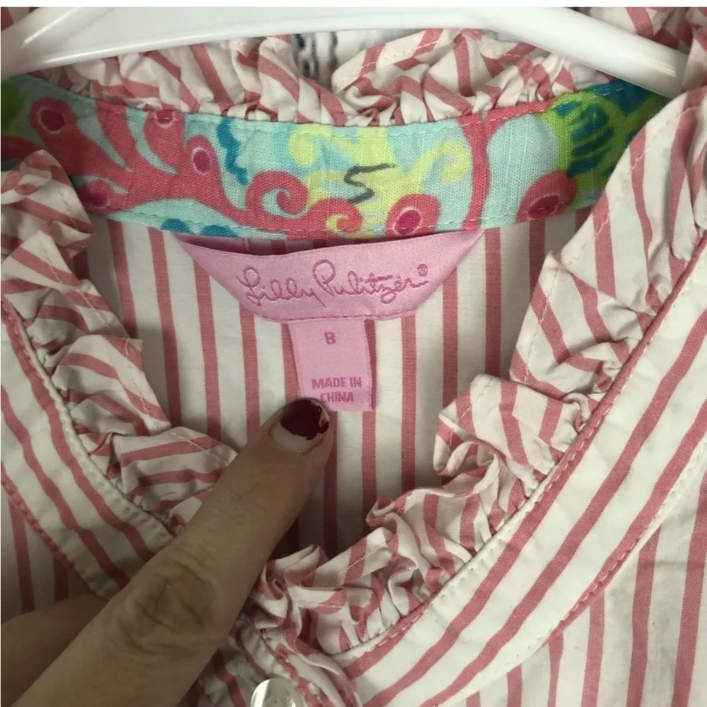 Lilly Pulitzer Pink and White Striped Ruffle Button Front Top sz 8 - Image 2