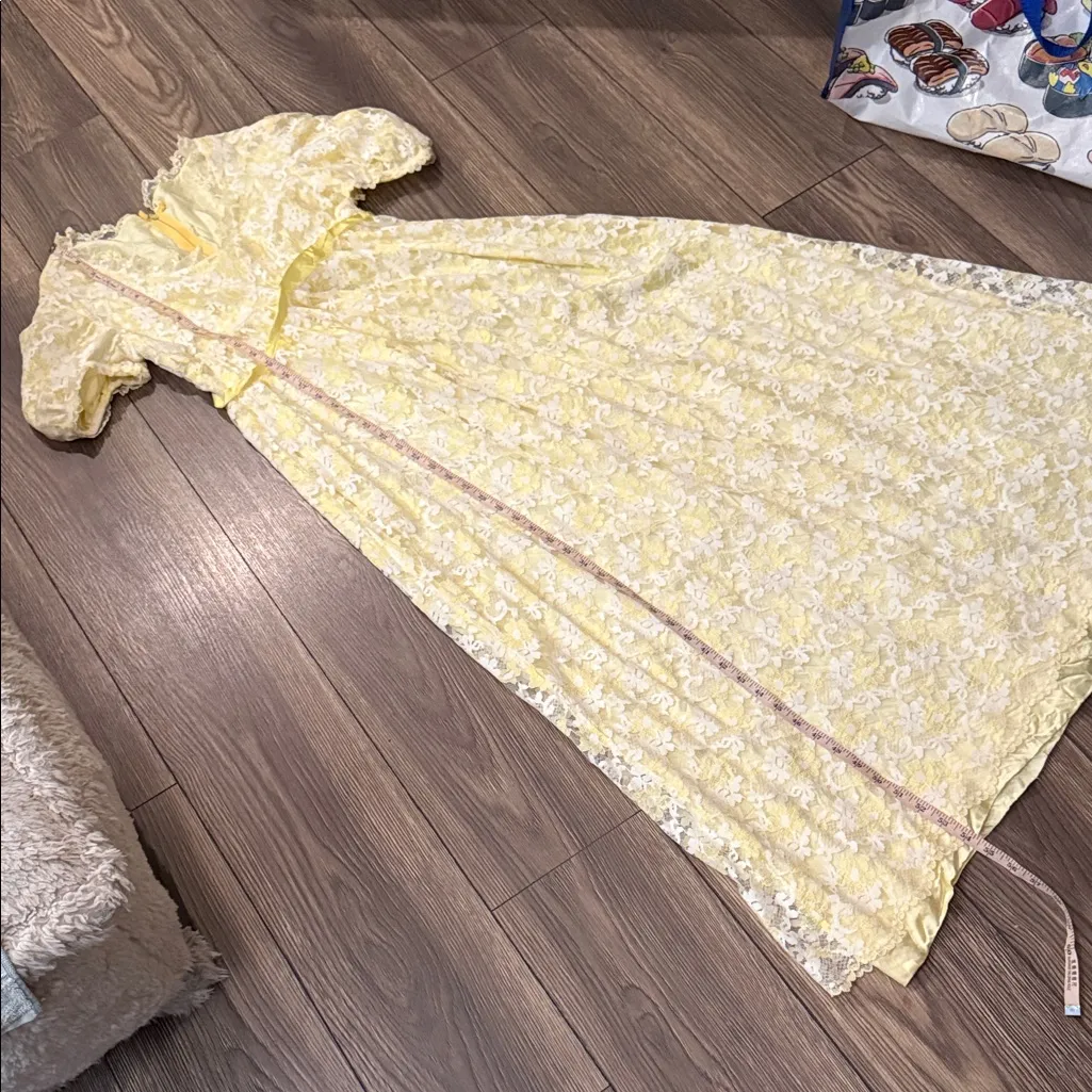 Vintage 1960s Yellow Taffeta Floral Overlay Prom Dress | Puffed Sleeves Gown Size M - Image 12