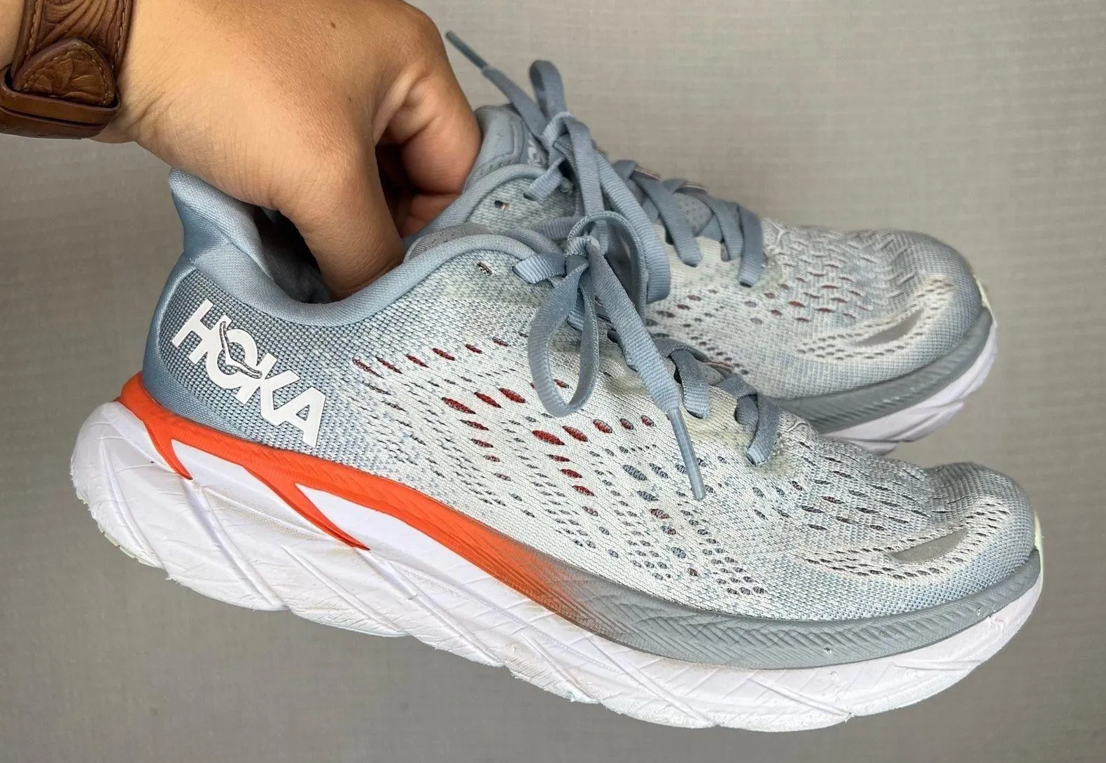 Hoka Clifton 8 Running Shoes Women's Gray Orange Lightweight Athletic Sneakers - Image 1