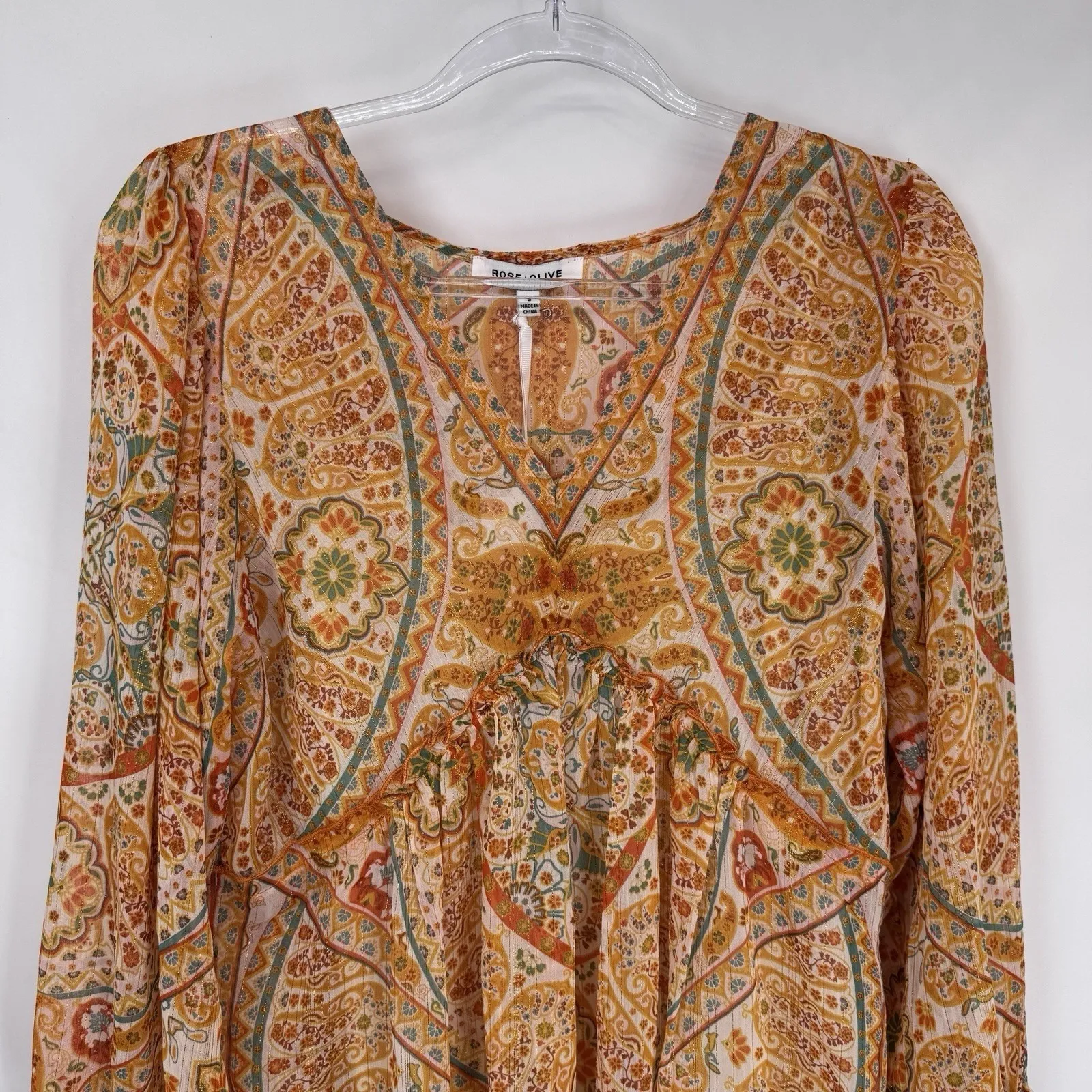 Rose + Olive Lined Flowy Hippie Top Womens Small Orange Metallic Gold Polyester - Image 2