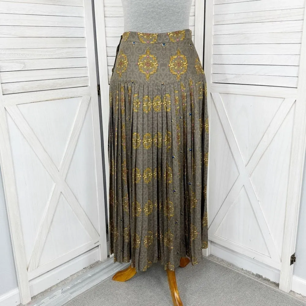 Calliope Vintage Jewel Damask‎ Print Pleated Maxi Skirt Taupe 10 Tan - Image 4