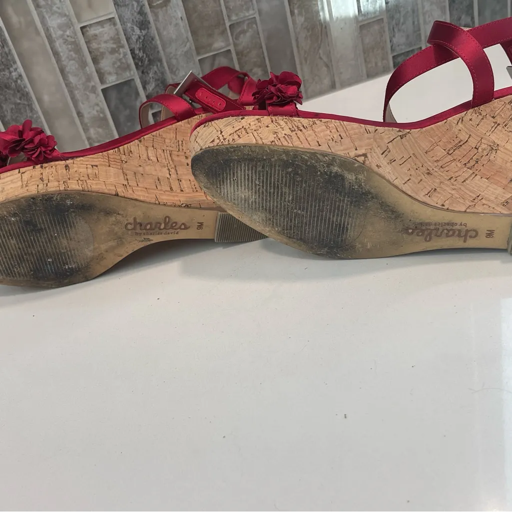 Charles By Charles David Red Satin Floral Wedges Ankle Strap Size 9 - Image 6