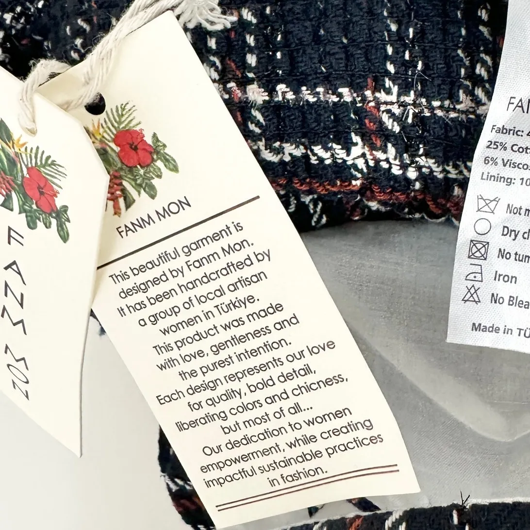 FANM MON Tweed Tartan Plaid Embroidered Square Neck Peplum Top XS NWT Blue - Image 6