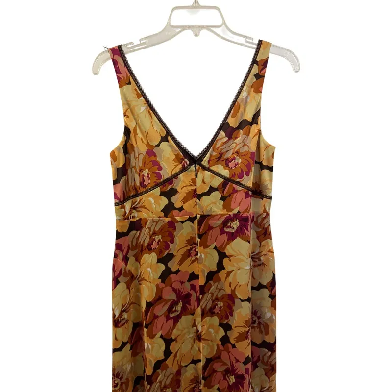 J. Crew Floral Satin Dress Size 6‎ Silk Brown Yellow Pink V-Neck - Image 5