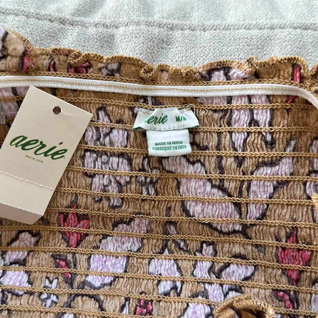 Aerie Floral Retro Print Smocked Crop Top Ruffle Straps NEW Size Medium - Image 6