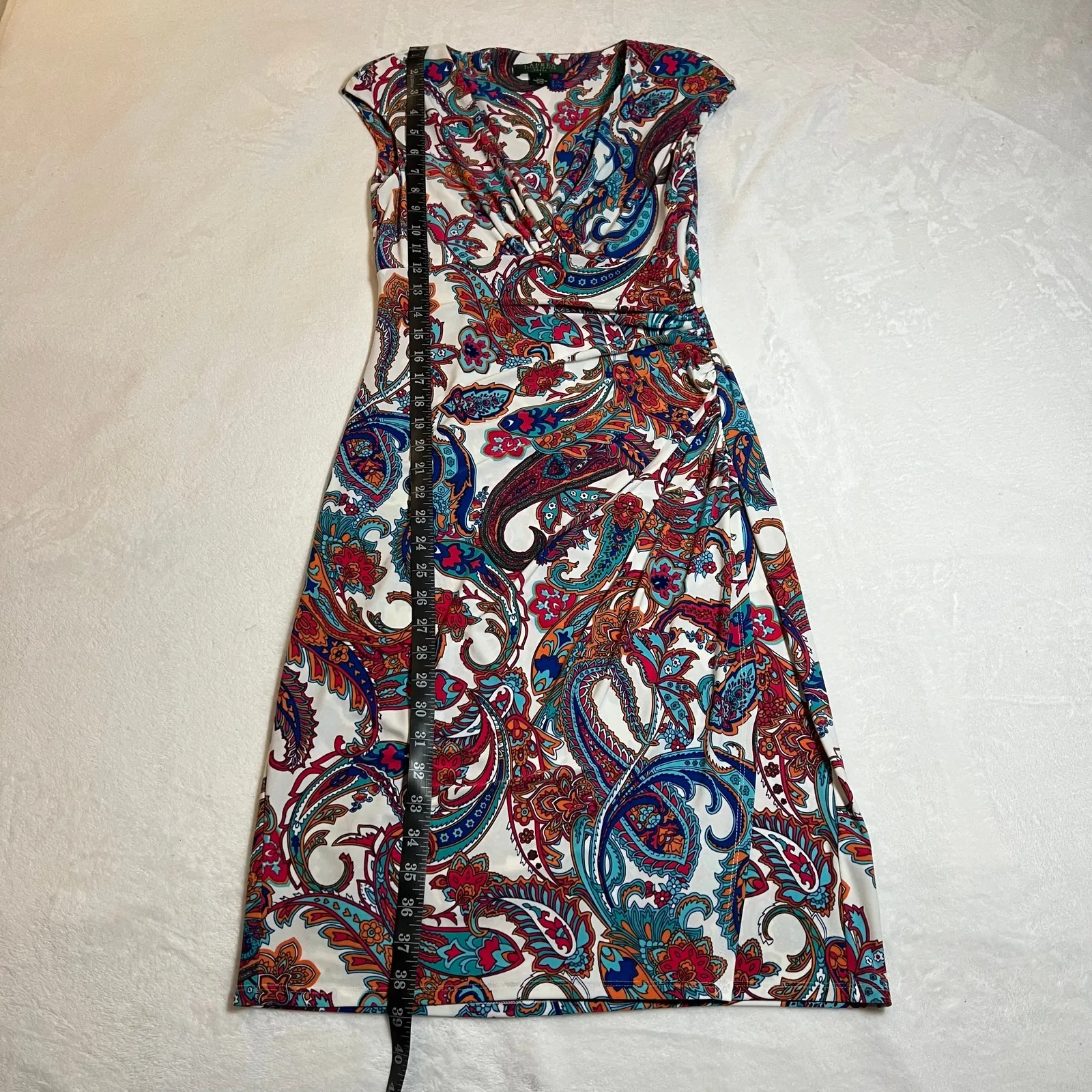 Lauren Ralph Lauren V-Neck Cap Sleeve Paisley Print Ruched Sheath Dress Size 2 - Image 11
