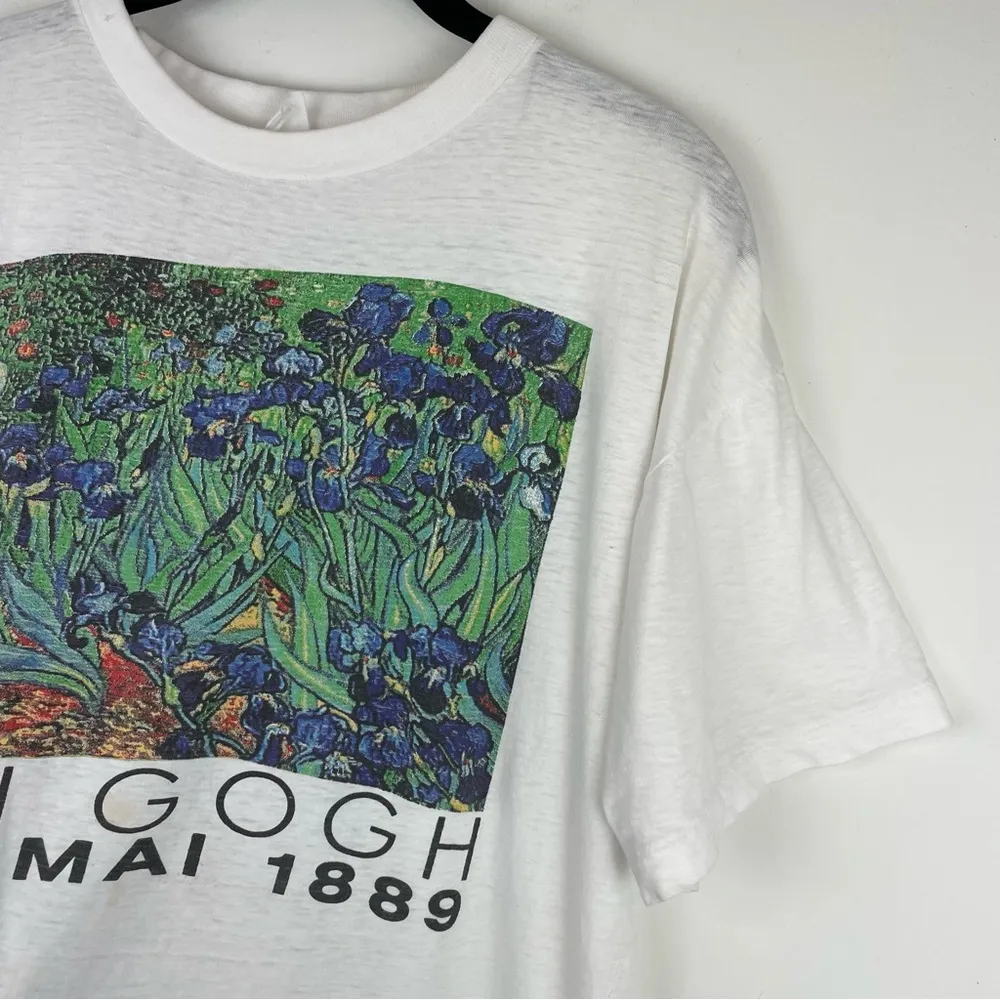 Vintage 90s Van Gogh Irises Painting Single Stitch Tee Tshirt Graphic Art L/XL White - Image 7