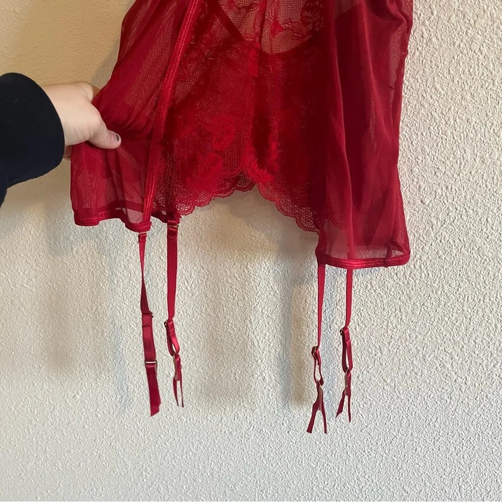 Seven 'Til Midnight Red Floral Lace & Mesh Chemise Lingerie One Piece One Size Size undefined - Image 9