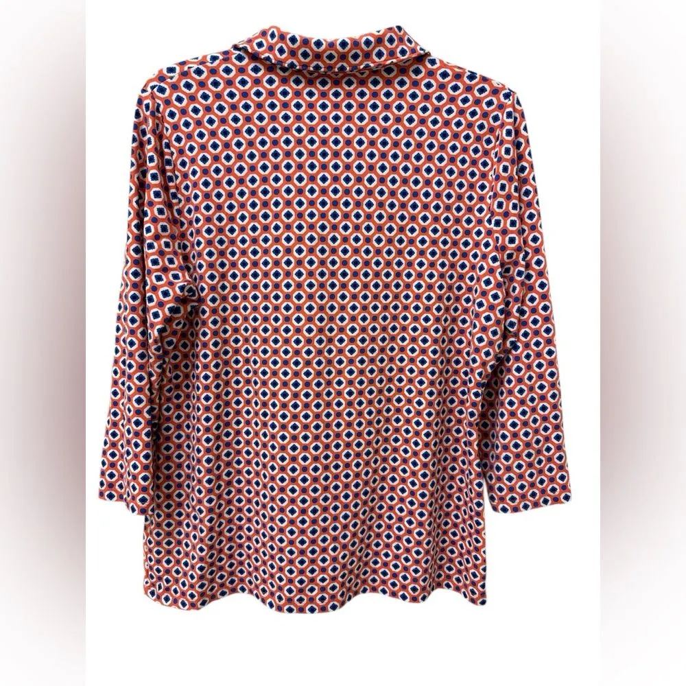 TALBOTS Women’s Tunic Button Up 3/4 Sleeves Orange Blue Multi Geo Print Medium‎ - Image 5