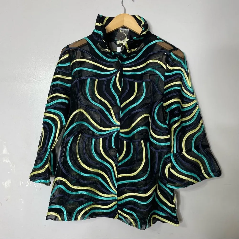 Damee Inc. Sheer Mesh Soutache Ribbon Art To Wear Maximalist Jacket Wire‎ Collar Blue Size M - Image 2