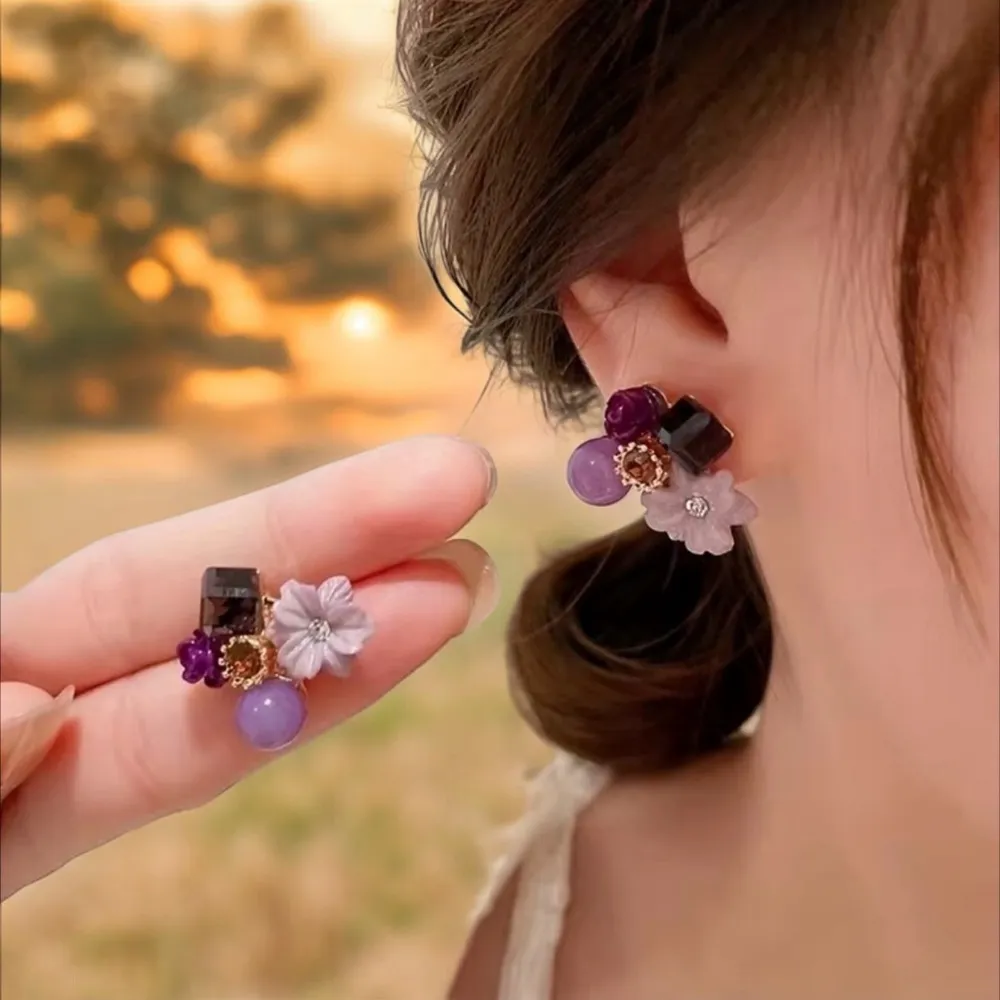 Purple Shiny Flower Shape Stud Earrings Inlaid Shiny Zircon Faux Fashion Jewelry Gold - Image 7