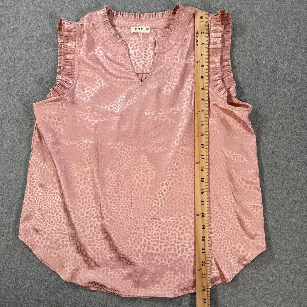 Kori Satin Split Neck Blouse Women's Small Pink Ruffle Animal Print Sleeveless - Image 2