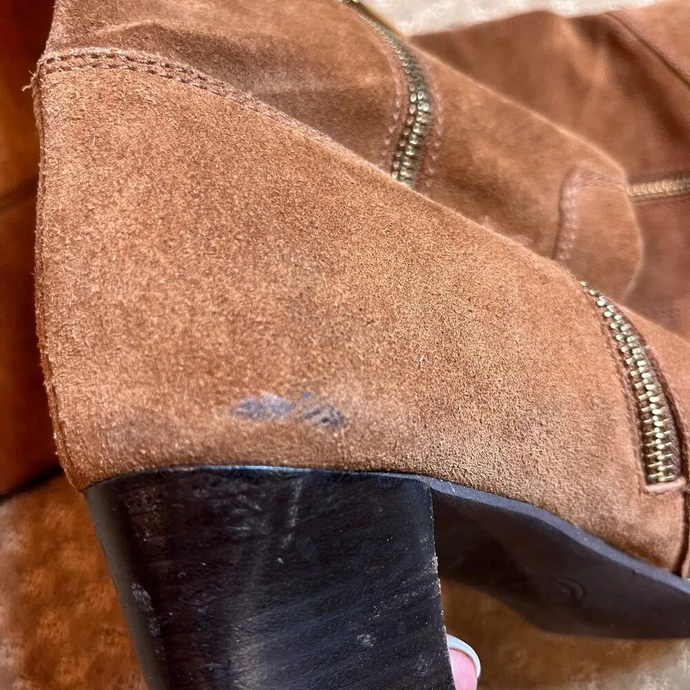 Michael Kors Camel Brown Suede Knee High Boot Round Toe Block Heel SZ 10 Buckle - Image 7