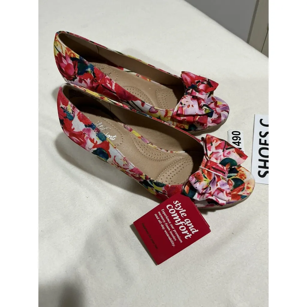 Womans Dexflex Comfort 8.5 Red Pink Floral Print Open Toe Wedge Heel Sandal NWT - Image 2