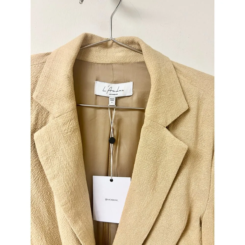 NWT L'Academie Emmy Twist Front Waist Cut-Out Padded Shoulder Blazer Tan Small - Image 4