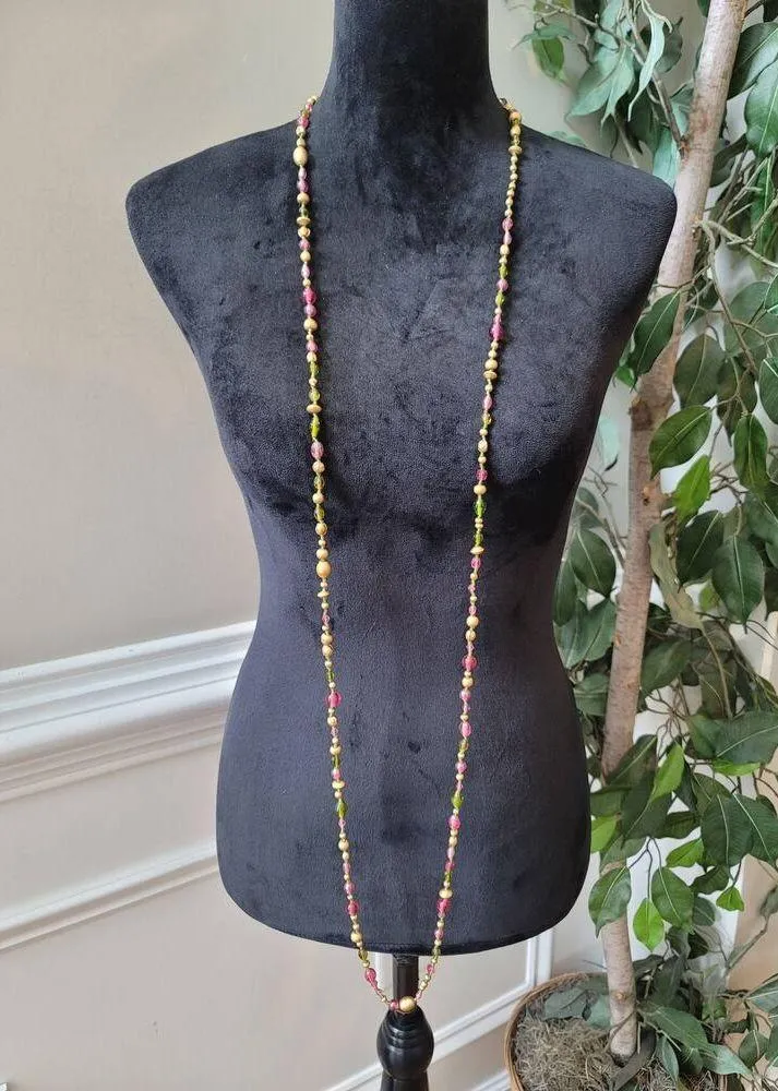 Women's Long Beaded Necklace Gold Pink Green Wood Glass Boho Layered - Image 8