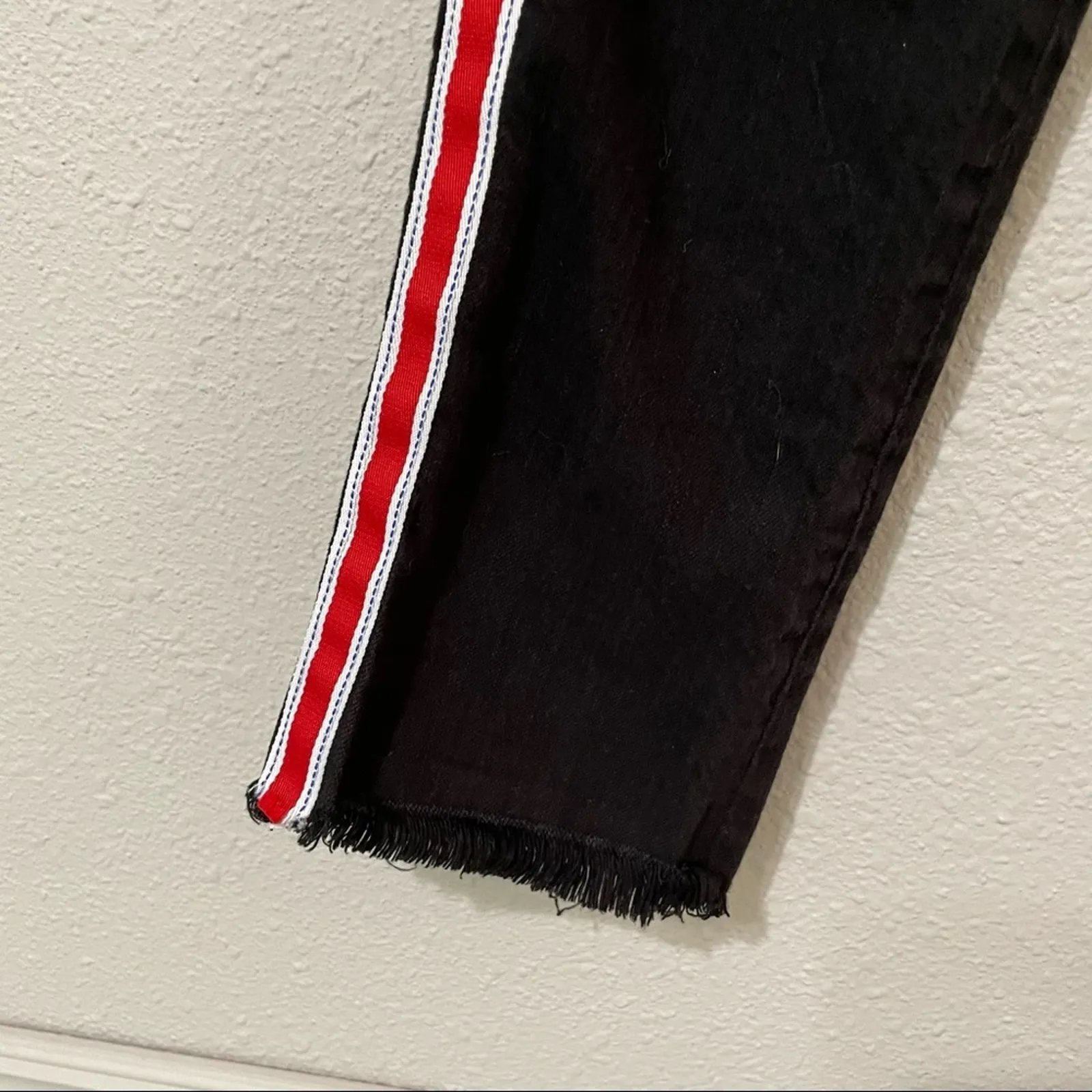 Revice Black Button Fly High Rise Red Stripe Skinny Jeans Womens 25 Raw Hem - Image 2