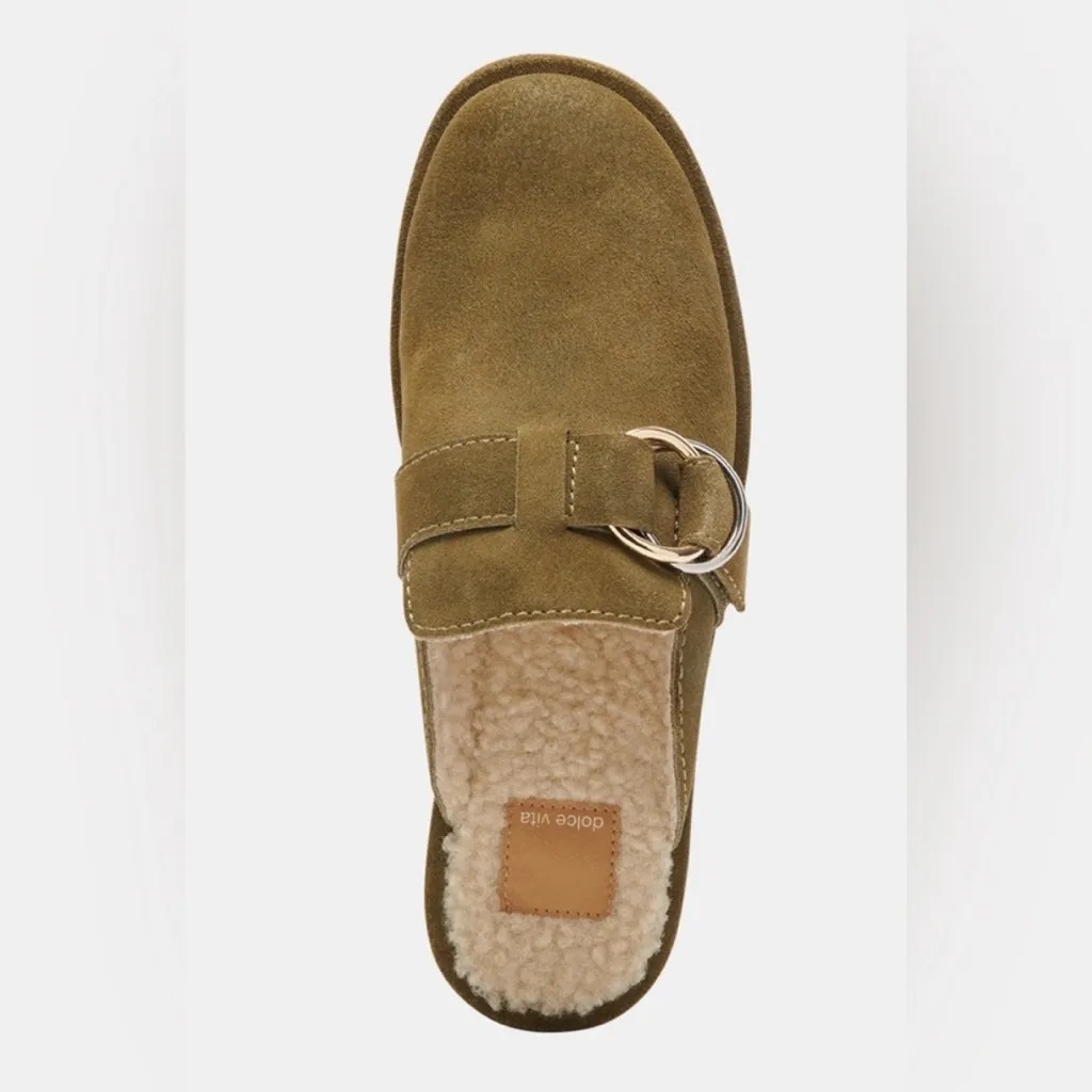 DOLCE VITA Suede Astor Plush Flats Mule Olive Green - Image 2