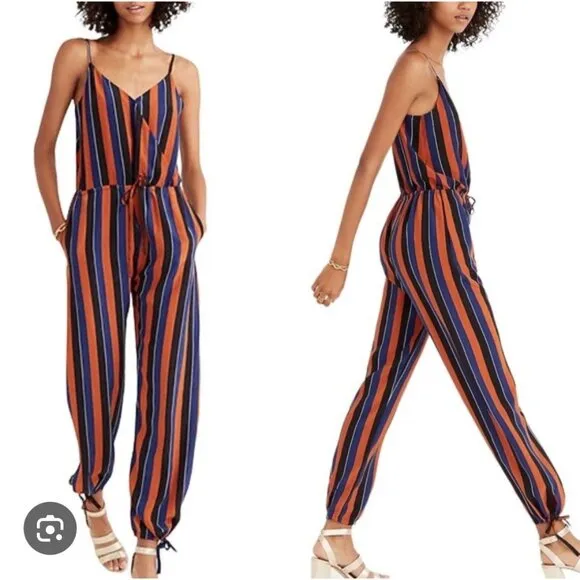 Madewell X No. 6 Playa Cami Silk Jumpsuit Women 6 Orange Navy Striped Preppy - Image 2